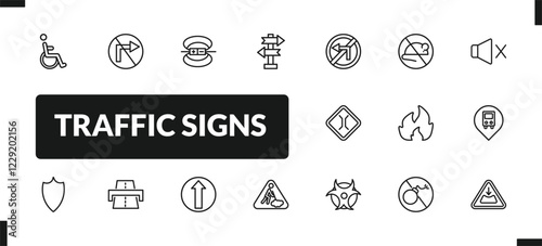outline traffic signs icons set. editable linear no turn, magnetic field, crossroad, and other 14 icons in this category isolated on transparent background.