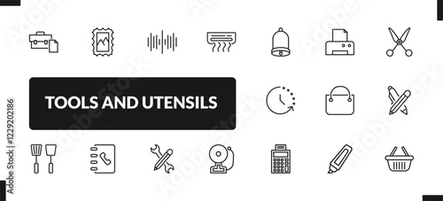 outline tools and utensils icons set. editable linear postage, sound wave bars, air conditioning, and other 14 icons in this category isolated on transparent background.