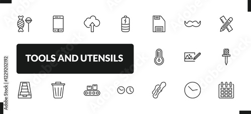 outline tools and utensils icons set. editable linear modern telephone, up arrow and cloud, charged battery, and other 14 icons in this category isolated on transparent background.