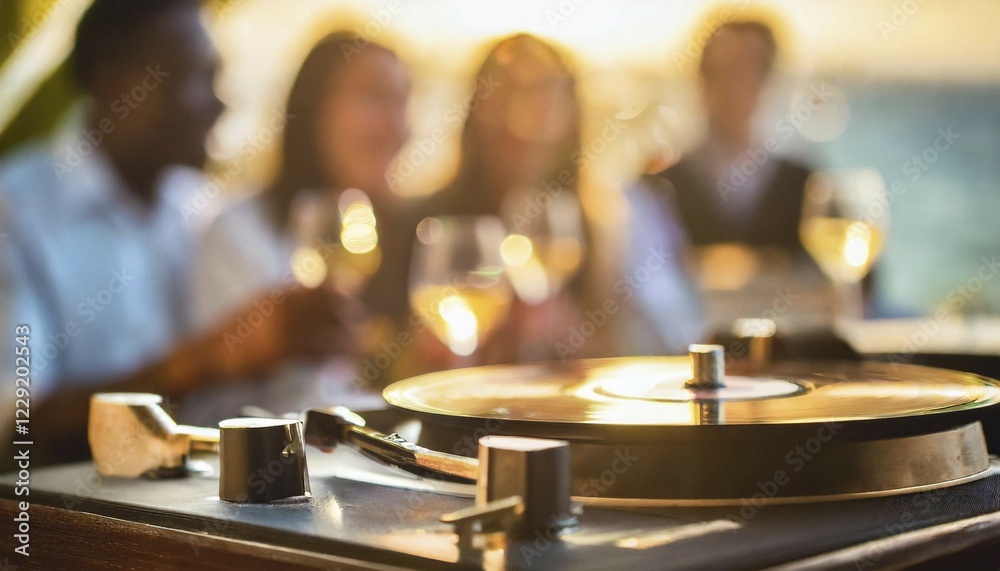 Obraz premium Friends enjoy drinks vinyl record playing together in cozy setting at sunset, bokeh effect ai generated, AI generated