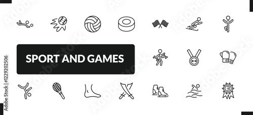 outline sport and games icons set. editable linear home run, volleyball ball, hockey puck, and other 14 icons in this category isolated on transparent background.