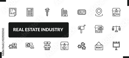 outline real estate industry icons set. editable linear calculate, house key, office building, and other 14 icons in this category isolated on transparent background.
