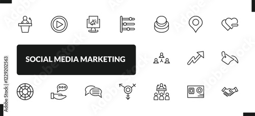 outline social media marketing icons set. editable linear video player, digital marketing, timeline, and other 14 icons in this category isolated on transparent background.