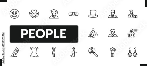 outline people icons set. editable linear heart in hands, graduating boy, elegance, and other 14 icons in this category isolated on transparent background.