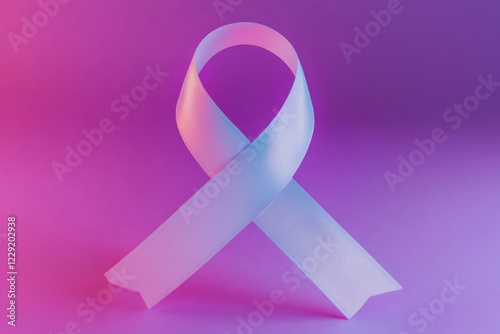 A white ribbon on a pink and blue background, suitable for use in designs related to awareness campaigns or as a decorative element photo