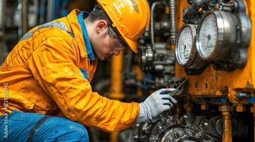 Worker in Safety Gear Repairing Machinery in Industrial Setting photo