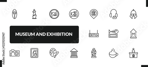 outline museum and exhibition icons set. editable linear venus de milo, no photo, no photo, and other 14 icons in this category isolated on transparent background.