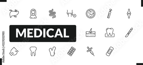 outline medical icons set. editable linear female, intestines, breast implant, and other 14 icons in this category isolated on transparent background.