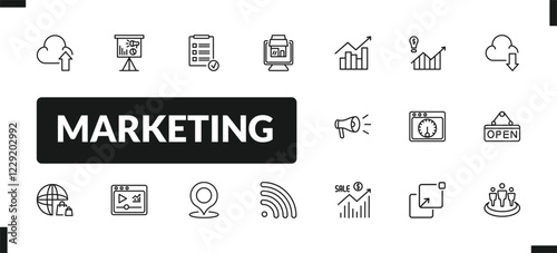 outline marketing icons set. editable linear marketing presentation, result, web package, and other 14 icons in this category isolated on transparent background.