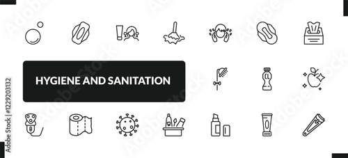 outline hygiene and sanitation icons set. editable linear hygienic pad, scrub up, wet cleaning, and other 14 icons in this category isolated on transparent background.