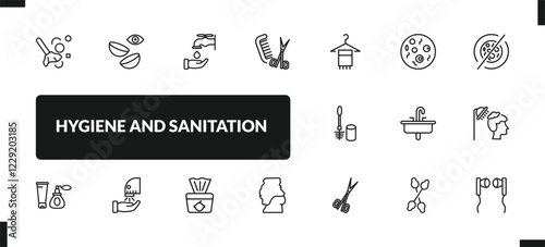 outline hygiene and sanitation icons set. editable linear lens, ablution, grooming, and other 14 icons in this category isolated on transparent background.