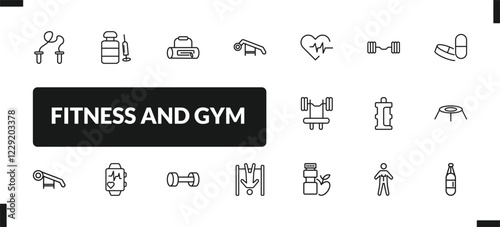 outline fitness and gym icons set. editable linear steroids, gym bag, simulator for press, and other 14 icons in this category isolated on transparent background.