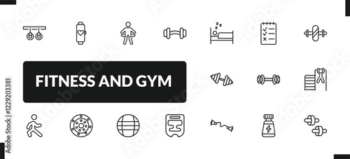 outline fitness and gym icons set. editable linear fitness tracker, stick man hoop, barbell weightlifting, and other 14 icons in this category isolated on transparent background.