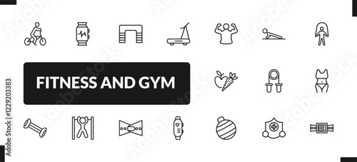 outline fitness and gym icons set. editable linear fitness watch, fitness step, running hine, and other 14 icons in this category isolated on transparent background.