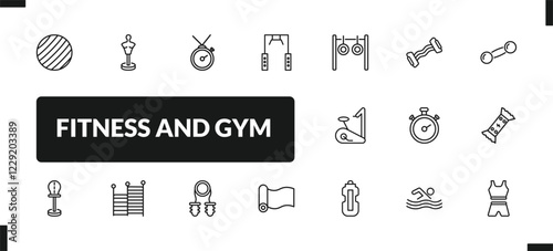 outline fitness and gym icons set. editable linear boxing mannequin, training watch, training apparatus, and other 14 icons in this category isolated on transparent background.