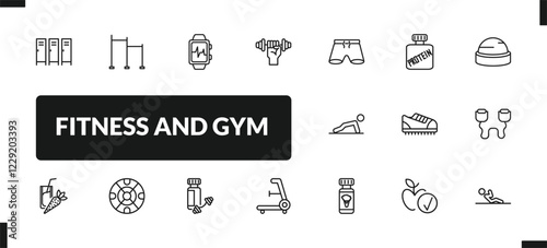 outline fitness and gym icons set. editable linear horizontal bar, fitness bracelet, dumbbells exercise, and other 14 icons in this category isolated on transparent background.