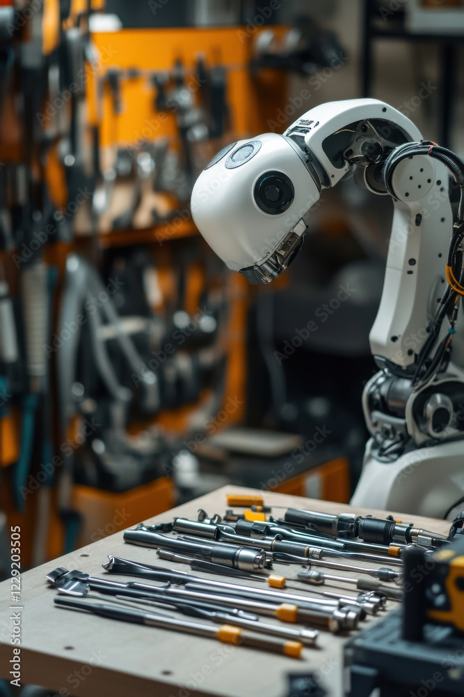 Fototapeta premium Close-up of AI-powered robot sorting tools in a garage workshop
