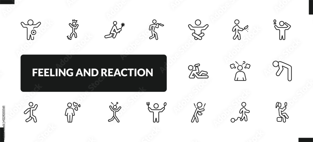 Naklejka premium outline feeling and reaction icons set. editable linear angry human, sorry human, terrible human, and other 14 icons in this category isolated on transparent background.