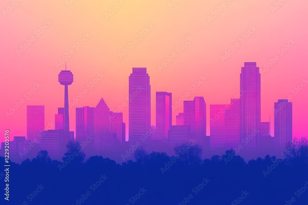 Fototapeta premium Stunning Sunset over City Skyline with Vibrant Pink and Purple Hues Highlighting Urban Architecture Against a Tranquil Background of Nature
