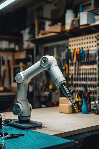 Close-up of AI-powered robot sorting tools in a garage workshop photo