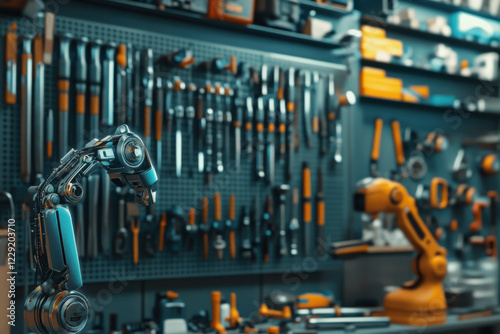 Close-up of AI-powered robot sorting tools in a garage workshop photo