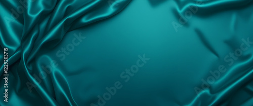 Beautiful green blue silk satin background. Wavy folds on shiny fabric. Luxury dark teal background with space for design. Web banner. Flat lay, table top view. Birthday, Christmas, Valentine