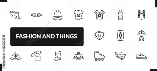 outline fashion and things icons set. editable linear gym belt, knit hat, , and other 14 icons in this category isolated on transparent background.