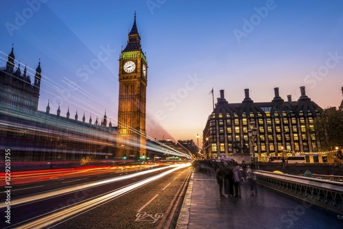 Light trails in front of Big Ben, dusk, evening light, sunset, Houses of Parliament, Westminster Bridge, City of Westminster, London, London region, England, United Kingdom, Europe