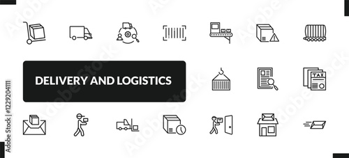 outline delivery and logistics icons set. editable linear transportation, supply chain, barcode, and other 14 icons in this category isolated on transparent background.