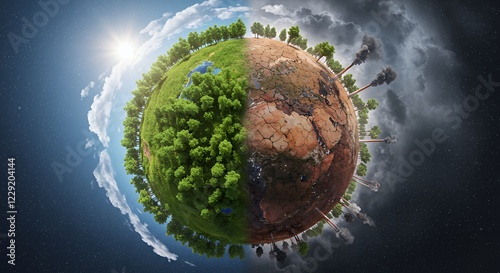 Fototapeta Naklejka Na Ścianę i Meble -  Half Destroyed and Half Preserved Planet Earth Environmental Contrast