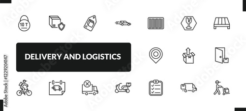 outline delivery and logistics icons set. editable linear delivery shield, delivery tag, by car, and other 14 icons in this category isolated on transparent background.