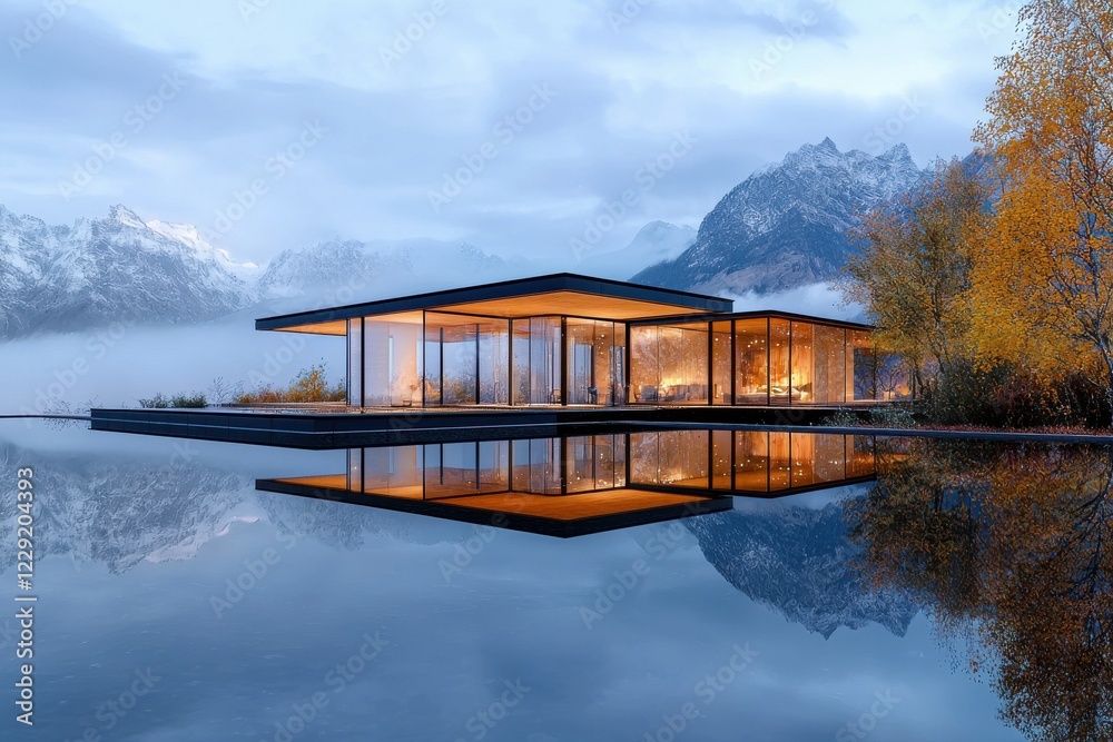 Fototapeta premium Futuristic glass house overlooking tranquil mountain lake setting