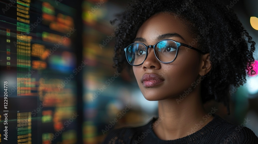 Young Woman Analyzing Data on Electronic Screen with Serious Expression Young Woman Analyzing Data on Electronic Screen with Serious Expression
