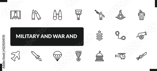 outline military and war and icons set. editable linear two bullets, binoculars, revolt, and other 14 icons in this category isolated on transparent background.