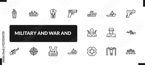 outline military and war and icons set. editable linear warship, conscription, , and other 14 icons in this category isolated on transparent background.