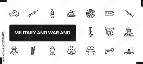 outline military and war and icons set. editable linear combat knife, , tank, and other 14 icons in this category isolated on transparent background.