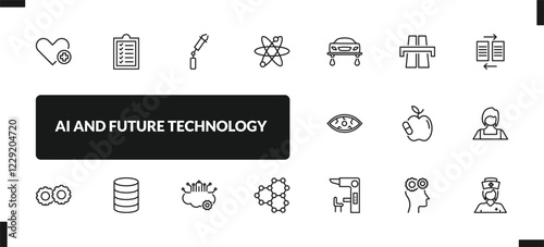 outline ai and future technology icons set. editable linear check list, bionic arm, science, and other 14 icons in this category isolated on transparent background.