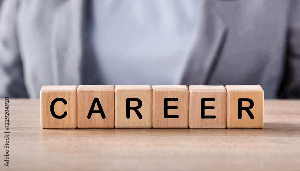 Naklejka premium 経歴を意味する英単語CAREERの文字が書かれた木製のキューブブロック。背景は緑の自然と太陽の光が差し込む。 aiで生成 