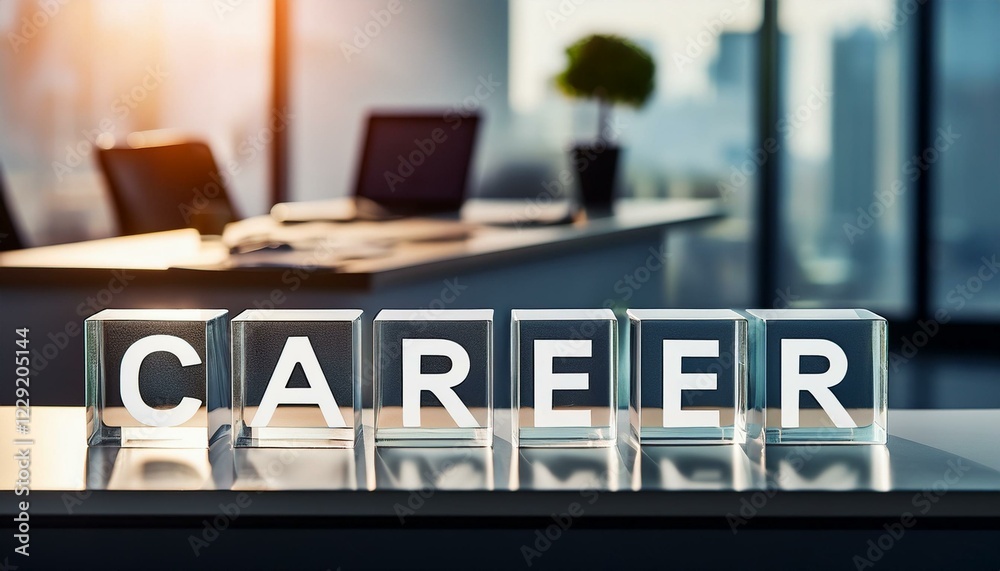 Obraz premium 経歴を意味する英単語CAREERの文字が書かれた木製のキューブブロック。背景は緑の自然と太陽の光が差し込む。 aiで生成 