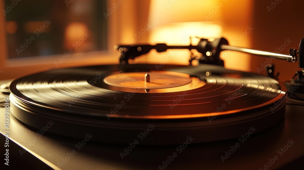 Obraz premium Close-Up of Vintage Record Player with Spinning Vinyl Disc