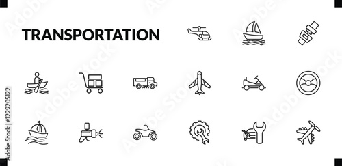 outline transportation icons set. editable linear sail boat, seatbelt, boating, and other 12 icons in this category isolated on transparent background.