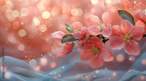 Nowruz spring celebration with blooming apple tree and colorful ribbons. photo