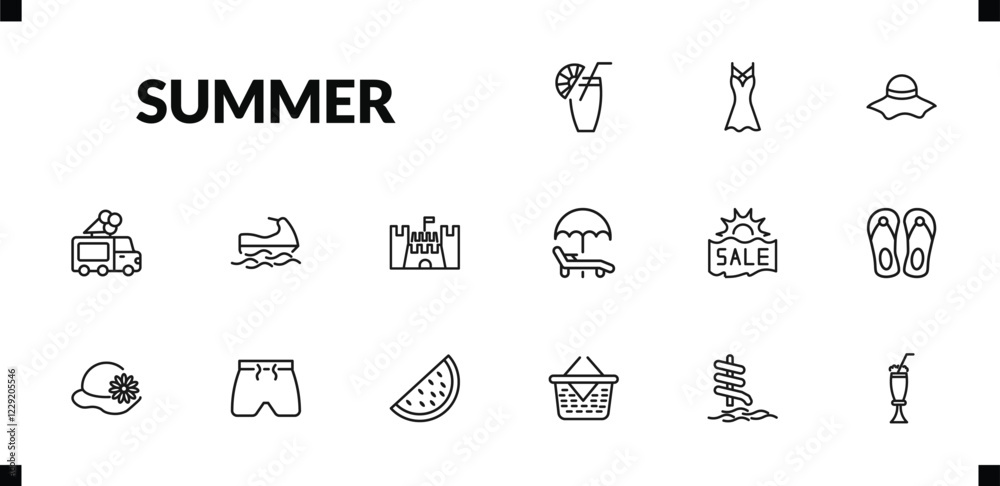 outline summer icons set. editable linear dress, summer hat, ice cream van, and other 12 icons in this category isolated on transparent background. outline summer icons set. editable linear dress, summer hat, ice cream van, and other 12 icons in this category isolated on transparent background.