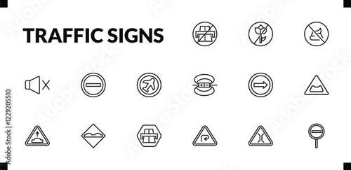 outline traffic signs icons set. editable linear no picking flowers, no pooping, no sound, and other 12 icons in this category isolated on transparent background.