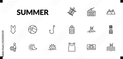 outline summer icons set. editable linear funicular, mountains, swimsuit, and other 12 icons in this category isolated on transparent background.