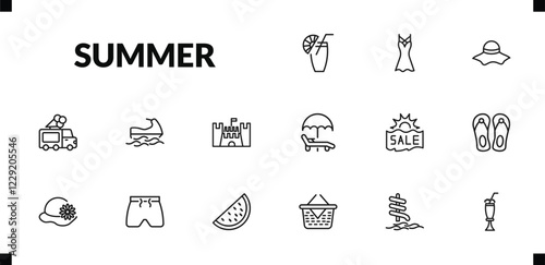 outline summer icons set. editable linear dress, summer hat, ice cream van, and other 12 icons in this category isolated on transparent background.