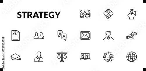 outline strategy icons set. editable linear partner, conference, resume, and other 12 icons in this category isolated on transparent background.