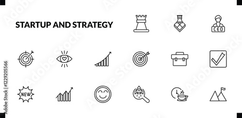 outline startup and strategy icons set. editable linear strategy game, ceo, purpose, and other 12 icons in this category isolated on transparent background.