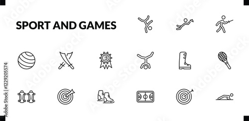 outline sport and games icons set. editable linear waiter falling, medieval fencing, gym ball, and other 12 icons in this category isolated on transparent background.