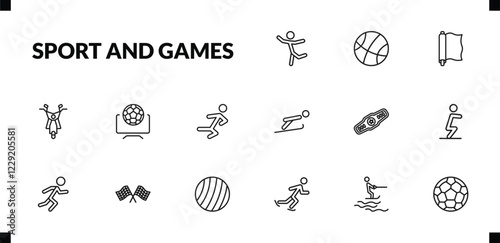 outline sport and games icons set. editable linear basketball basket, foil, motor sports, and other 12 icons in this category isolated on transparent background.